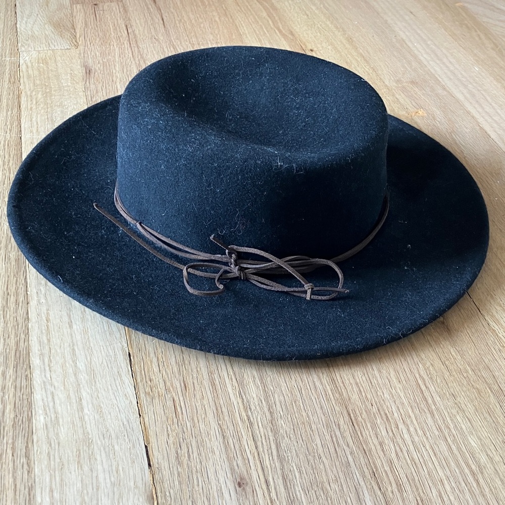 Scala Black Wide-Brim Wool Felt Hat with Brown Leather Tie